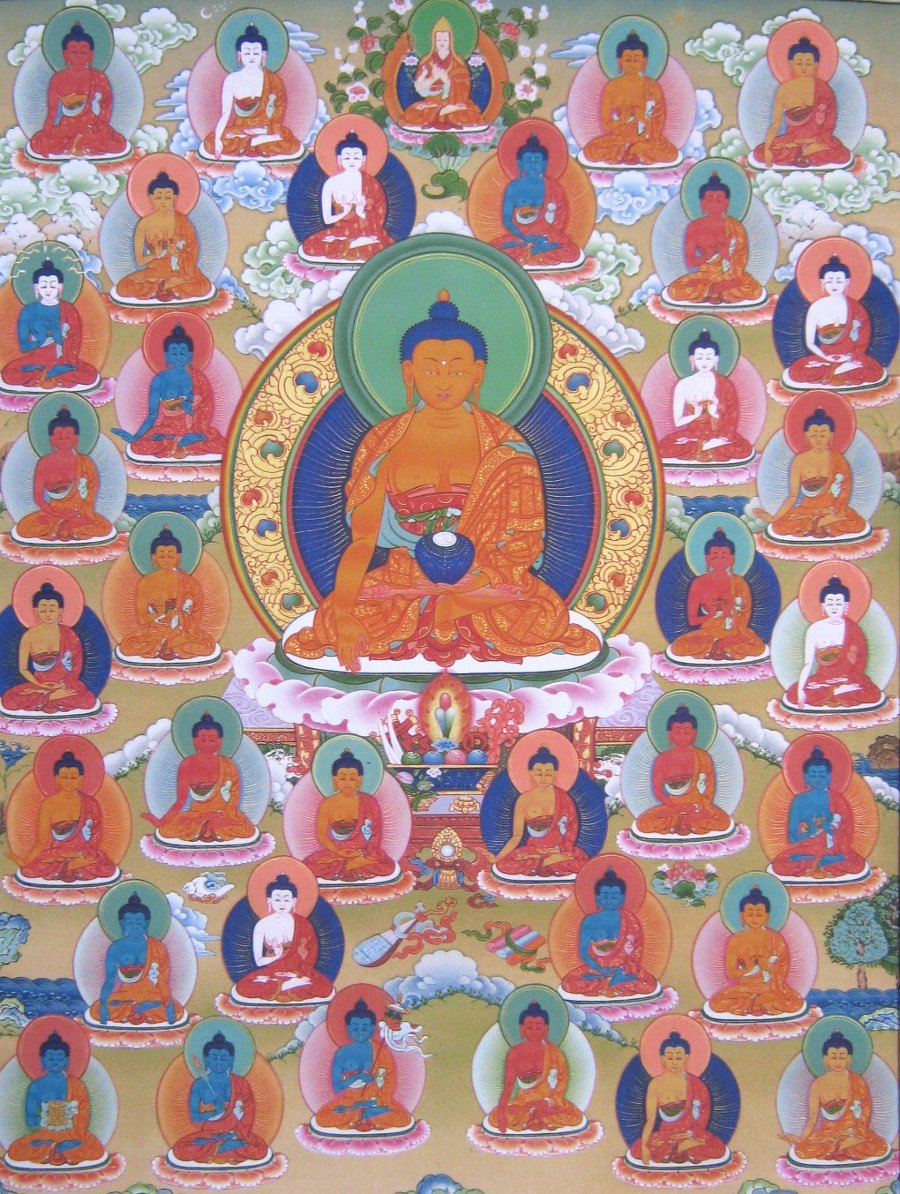 Тханка 35 Будд Покаяния (печатная, 57 х 82 см), 57 х 82 см, изображение: 29,5 х 39 см