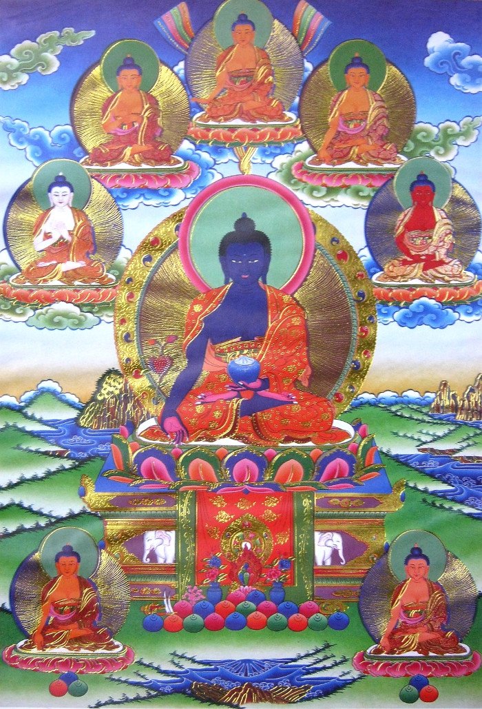Тханка Восемь Будд Медицины (печатная), 43 х 65 см, изображение: 22 х 32 см