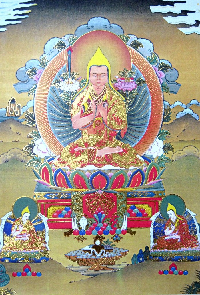 Тханка Лама Цонкапа с учениками (печатная, 43 х 68 см), 43 х 68 см, изображение: 22 х 32 см