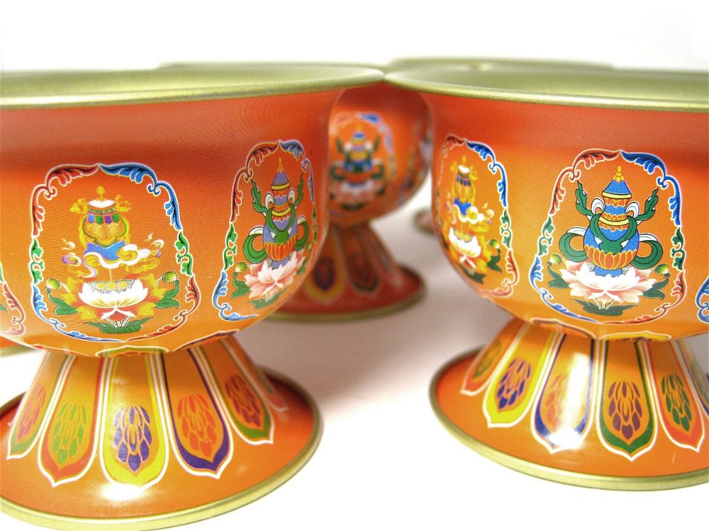 Чаши для подношений с Драгоценными Символами (набор из 8 шт.), 8,3 см, оранжевые, металл, Китай