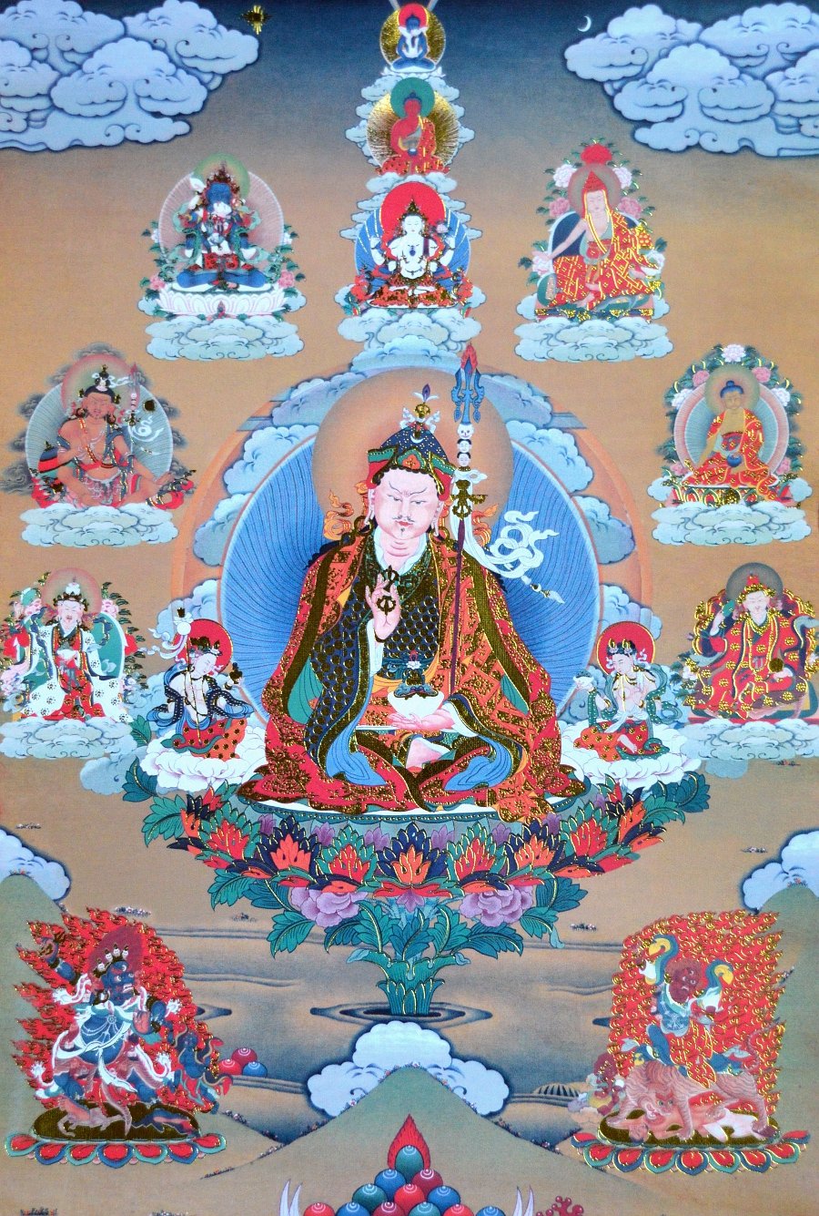 Тханка Гуру Падмасамбхава в окружении божеств (печатная, 39,5 х 62 см), 39,5 х 62 см, изображение: 20,5 х 30 см