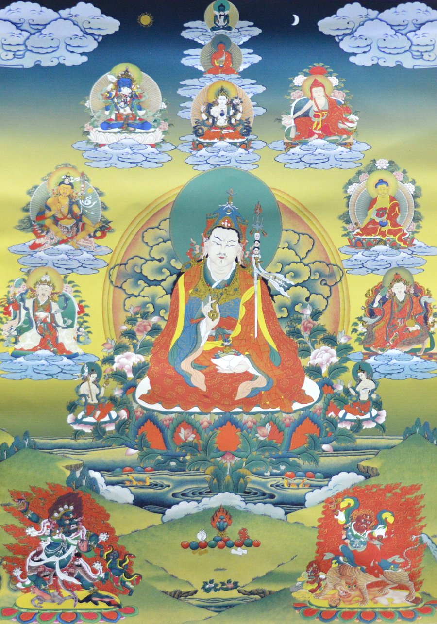 Тханка Гуру Падмасамбхава в окружении божеств (печатная, тханка 51 х 82 см, изображение 32 х 44,5 см), 51 х 82 см, изображение: 32 х 44,5 см