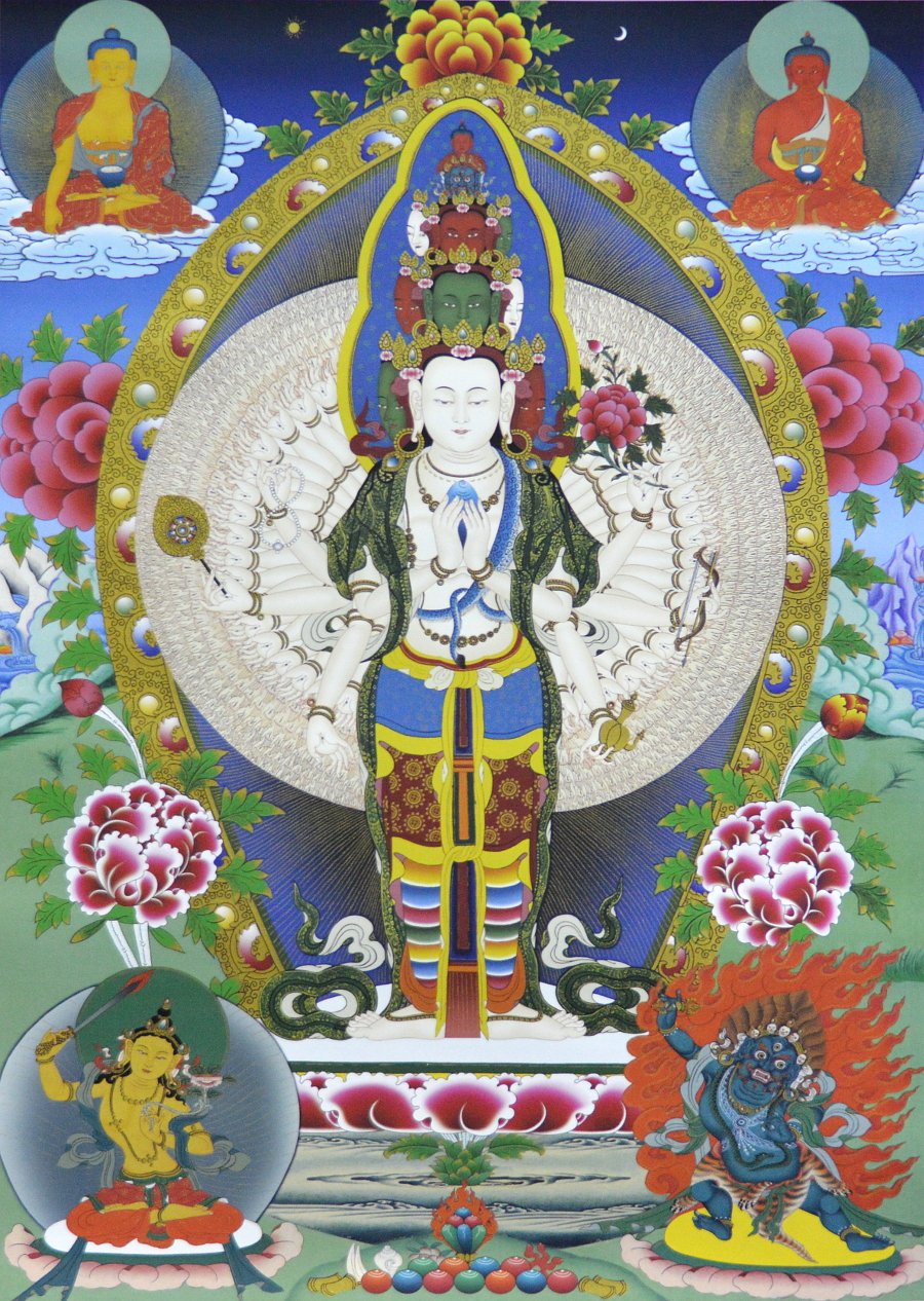 Тханка Ригсум гон-по (Авалокитешвара, Манджушри и Ваджрапани) (печатная, ~51 х 83 см), ~ 51 х 83 см, изображение: ~ 32 х 44,5 см