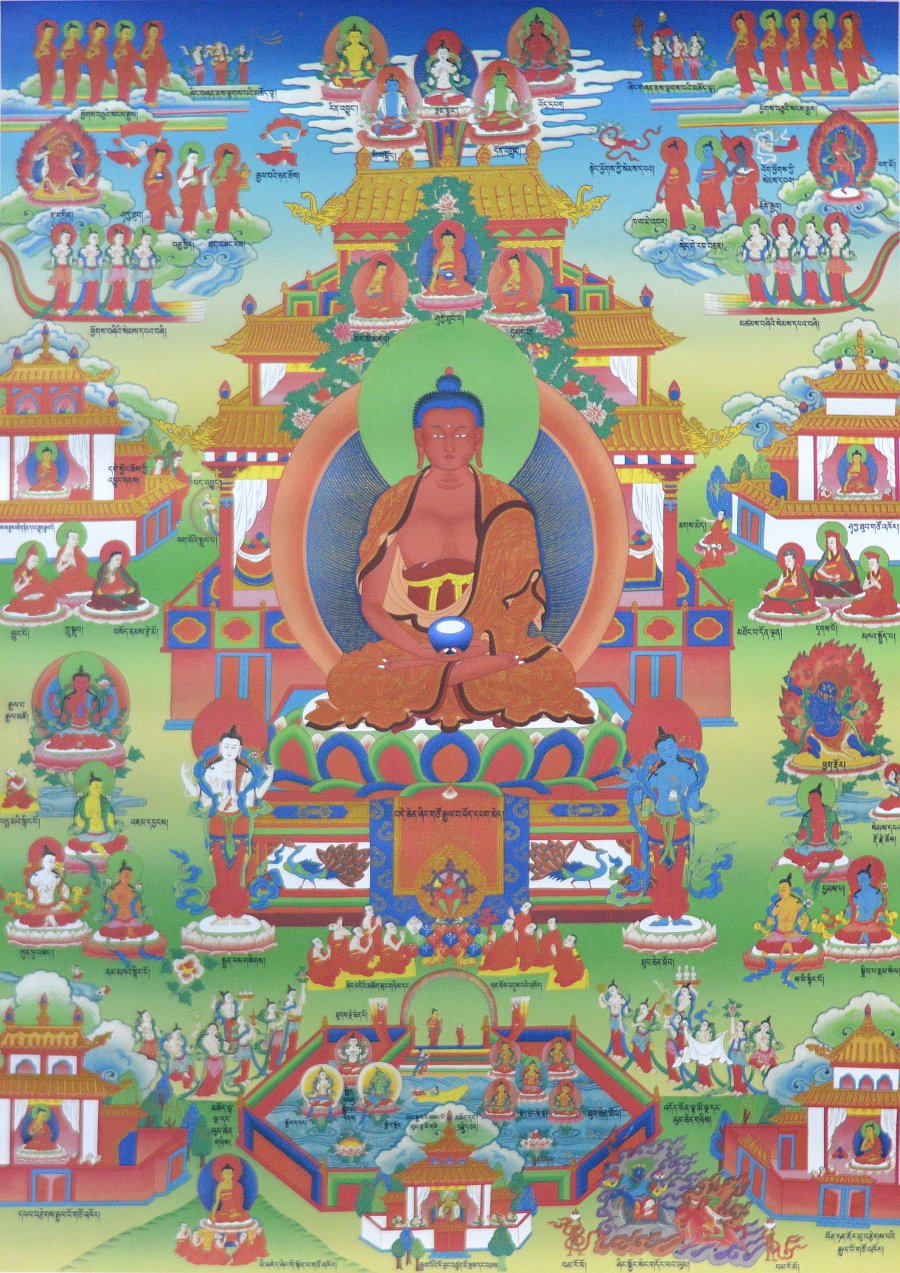 Тханка Чистая Земля Будды Амитабхи (печатная), ~ 51 х 83 см, изображение: ~ 32 х 44,5 см