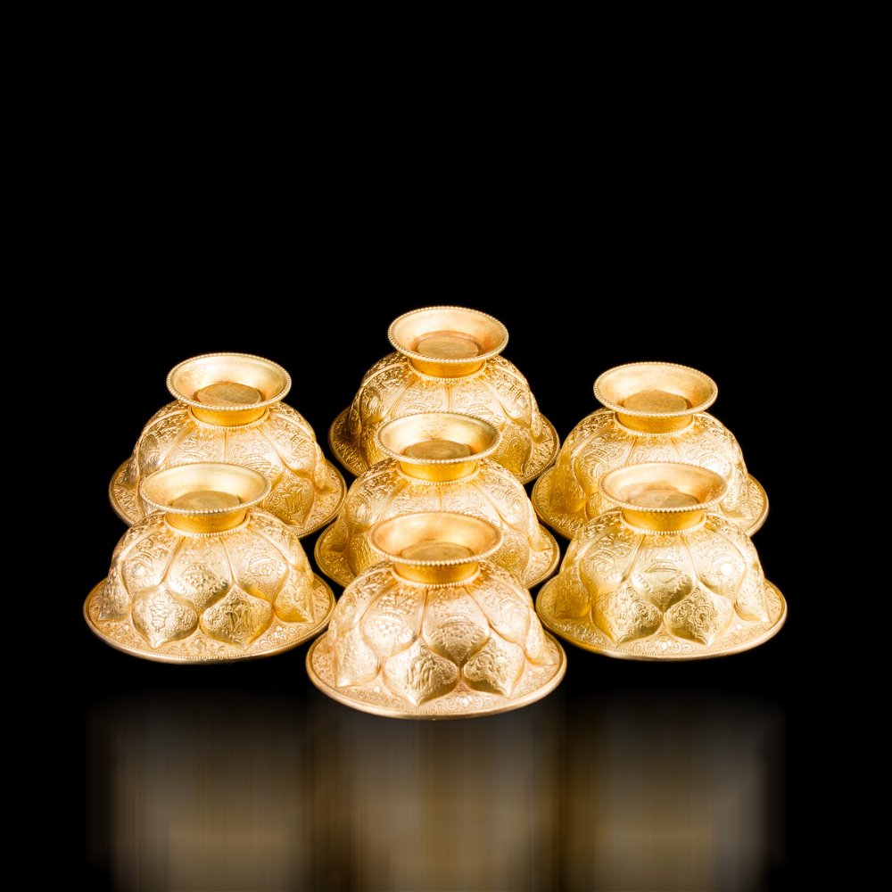 Чаши для подношений с Драгоценными Символами (набор из 7 шт.), 10,2 см, золотистые, металл, Китай