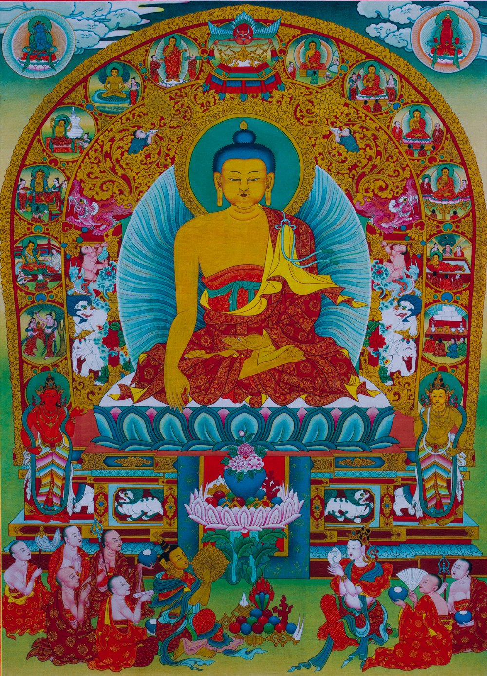 Тханка Будда Шакьямуни в окружении знаменательных событий из жизни (печатная, ~51 х 83 см), ~ 51 х 83 см, изображение: ~ 32 х 45 см