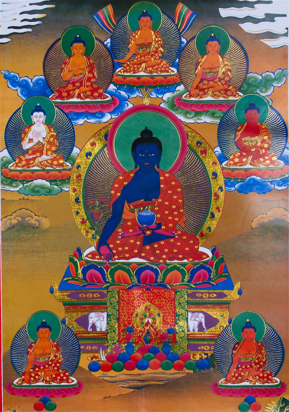 Тханка Восемь Будд Медицины (печатная, ~51 х 83 см), ~ 51 х 83 см, изображение: ~ 32 х 45 см