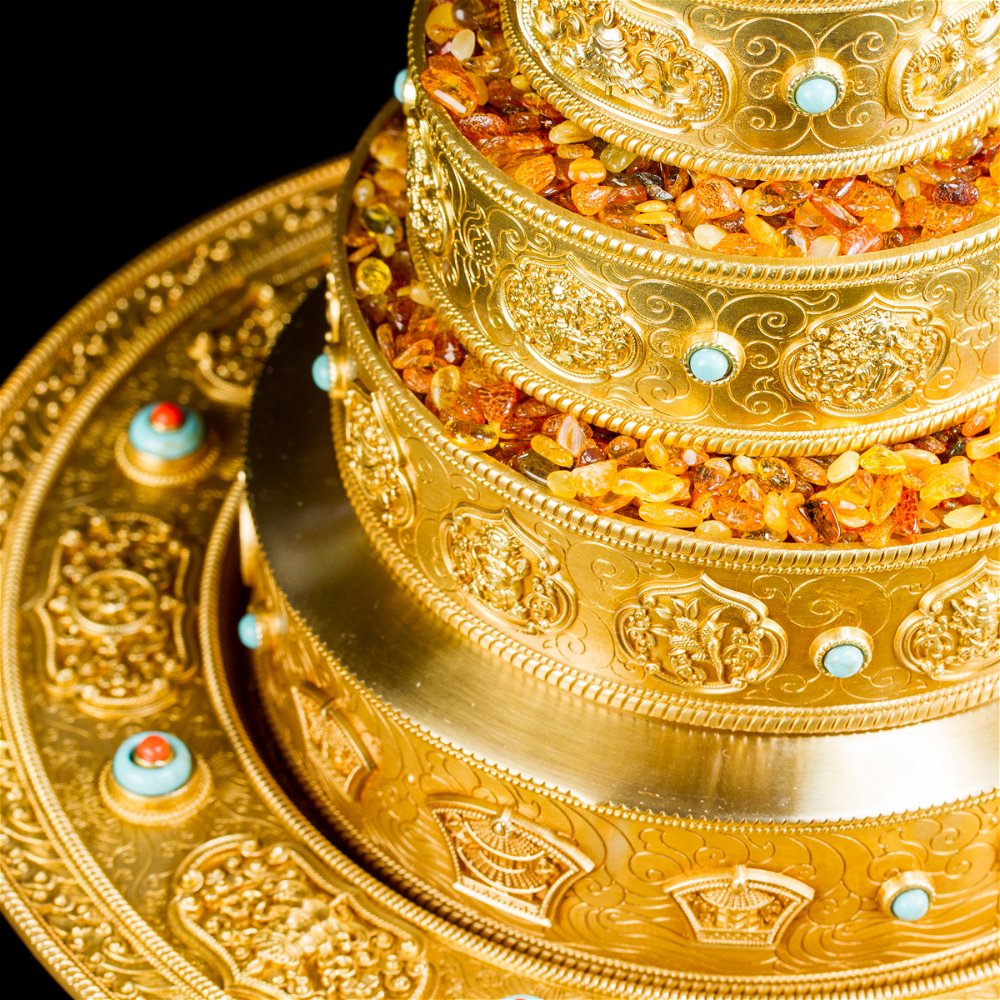 Набор для подношения мандалы с блюдом (золотистый, чаша 14,5 см, блюдо 24,2 см), 29 см, золотой