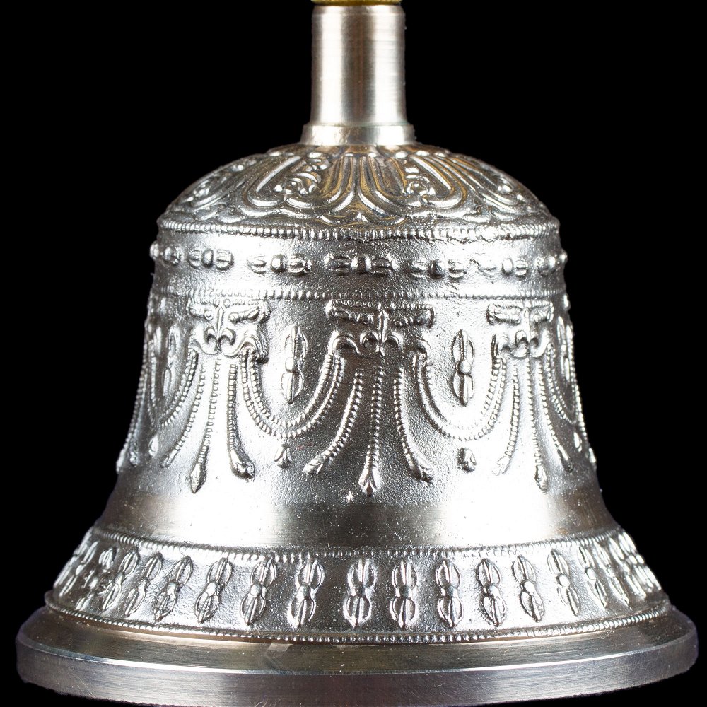 Колокольчик с ваджрой (серебристый) девятиконечный, 17,5 см, Непал, хорошее качество, золотой, серебристый