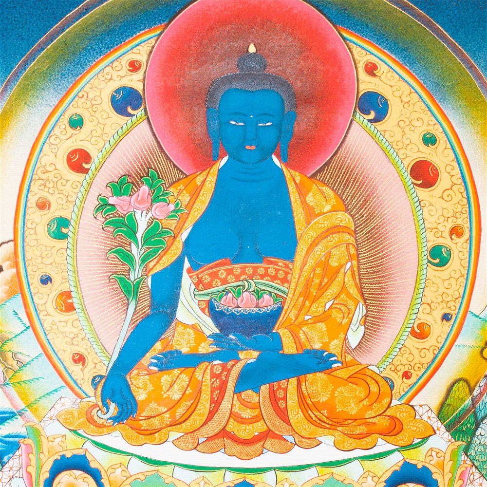 Тханка печатная на холсте Будда Медицины (с красным нимбом) (30,9 х 42,5 см), Размер изображения — 30,9 х 42 см