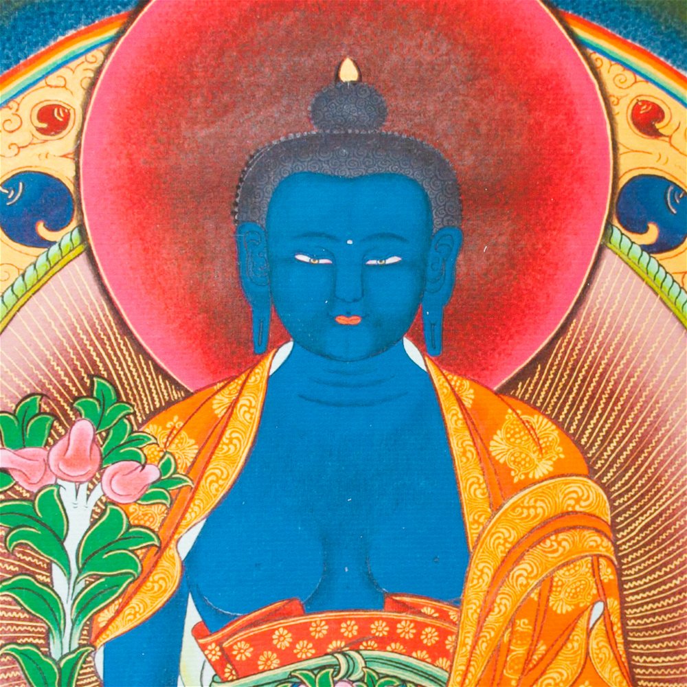 Тханка печатная на холсте Будда Медицины (с красным нимбом) (30,9 х 42,5 см), Размер изображения — 30,9 х 42 см