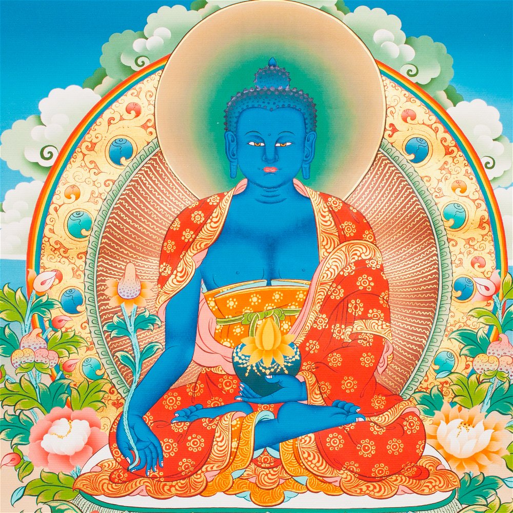 Тханка печатная на холсте Будда Медицины (с желтовато-зеленым нимбом) (29,3 х 42 см), Размер изображения — 29,3 х 42 см