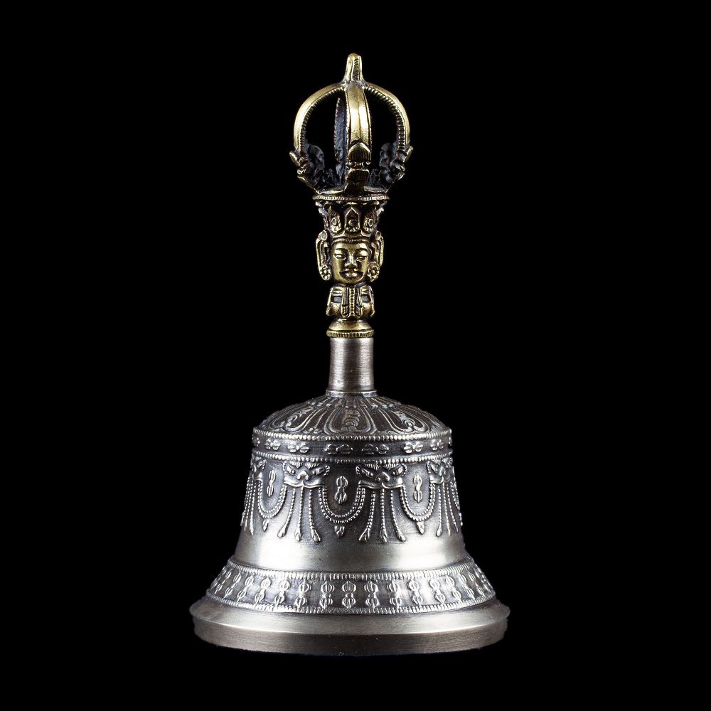 Колокольчик с ваджрой, 15 см, Оригинальный колокольчик из Дехрадуна (Индия), серебристый, патинированный (discounted)