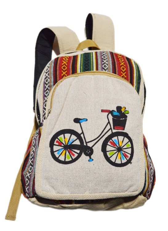 Рюкзак с велосипедом, бежевый с разноцветными полосами, 34 x 44 см