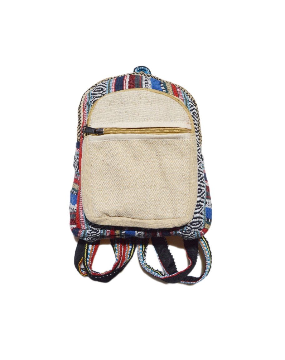 Рюкзак маленький разноцветный бежево-синий крестики нолики, полосы с крестиками-ноликами, 30 x 25 см