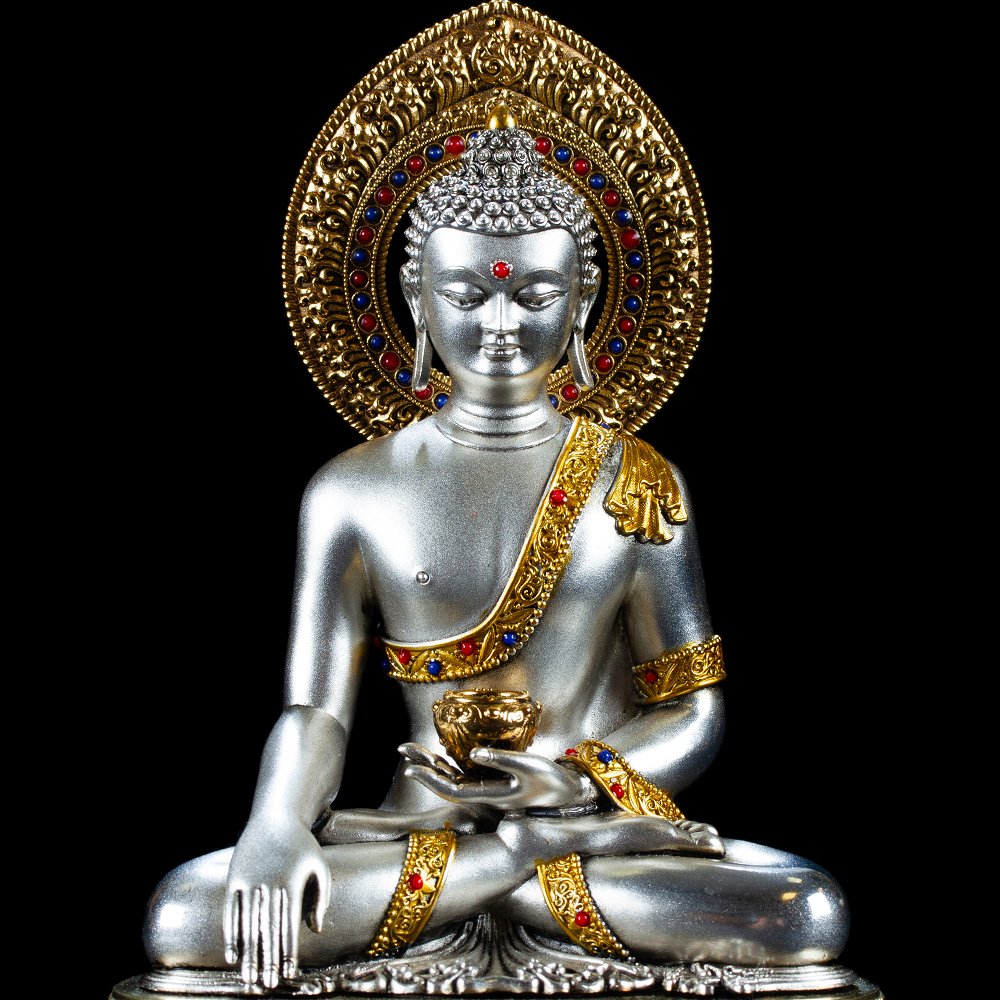 Статуэтка Будды Шакьямуни (бхумиспарша-мудра), посеребреная — 15.5 см, Будда Шакьямуни