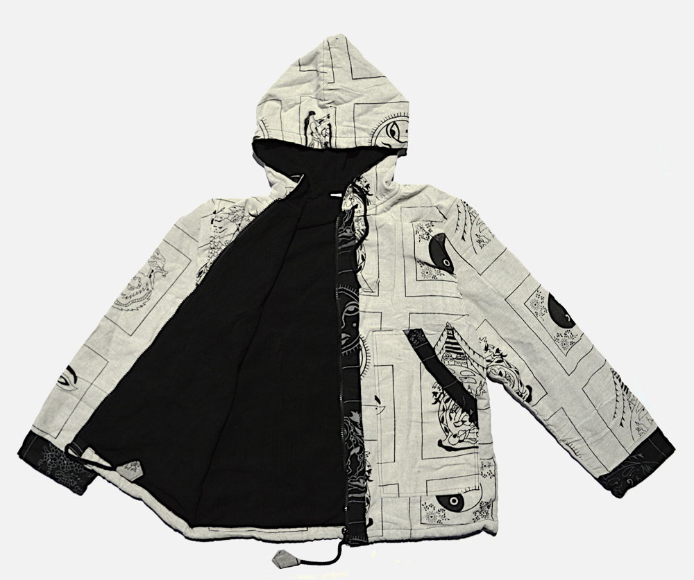 Куртка с буддийскими символами (светло-серая с черным, размер M), M, светло-серый, черно-серый