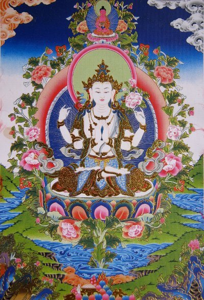 Тханка Авалокитешвара (печатная, маленькая), 23 х 36 см, изображение: 10,5 х 15,5 см
