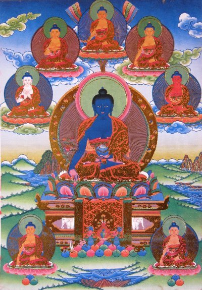 Тханка Будда Медицины (печатная, маленькая), 22 х 34 см, изображение: 10,5 х 15 см