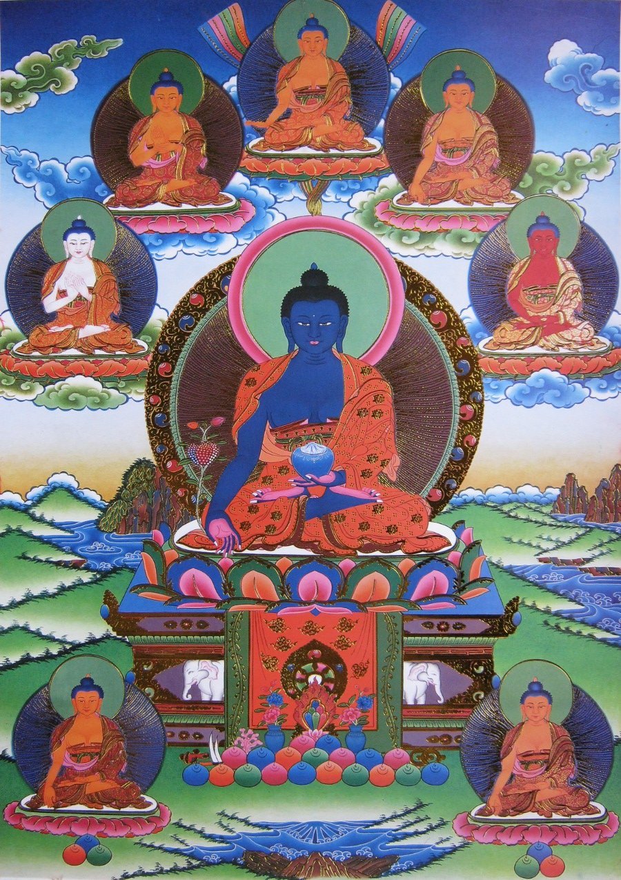 Тханка Восемь Будд Медицины (печатная), 56 х 87 см, изображение: 32 х 45 см