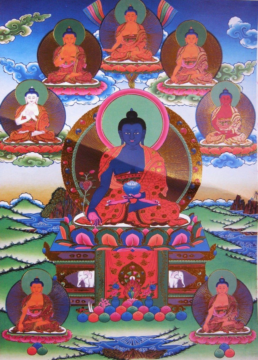 Тханка Восемь Будд Медицины (печатная), 56 х 88 см, изображение: 32 х 45 см