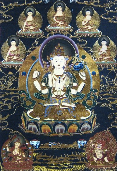 Тханка Авалокитешвара (печатная, маленькая), 22,5 х 35 см, изображение: 10,5 х 15 см