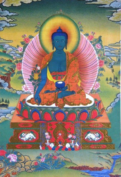 Тханка Будда Медицины (печатная, маленькая), 22 х 36 см, изображение: 10,5 х 15 см.