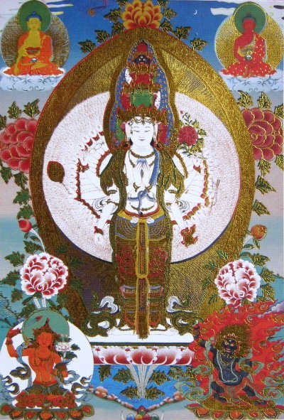 Тханка Тысячерукий Авалокитешвара (печатная, маленькая), 22 х 36 см, изображение: 10,5 х 15 см