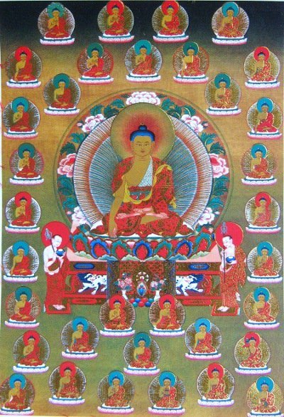 Тханка 35 Будд Покаяния (печатная, маленькая), 23 х 35 см, изображение: 10,5 х 15 см