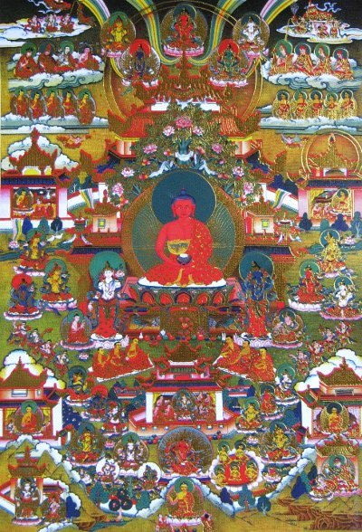 Тханка Чистая Земля Будды Амитабхи (печатная, маленькая), 22 х 36 см, изображение: 10,5 х 15 см