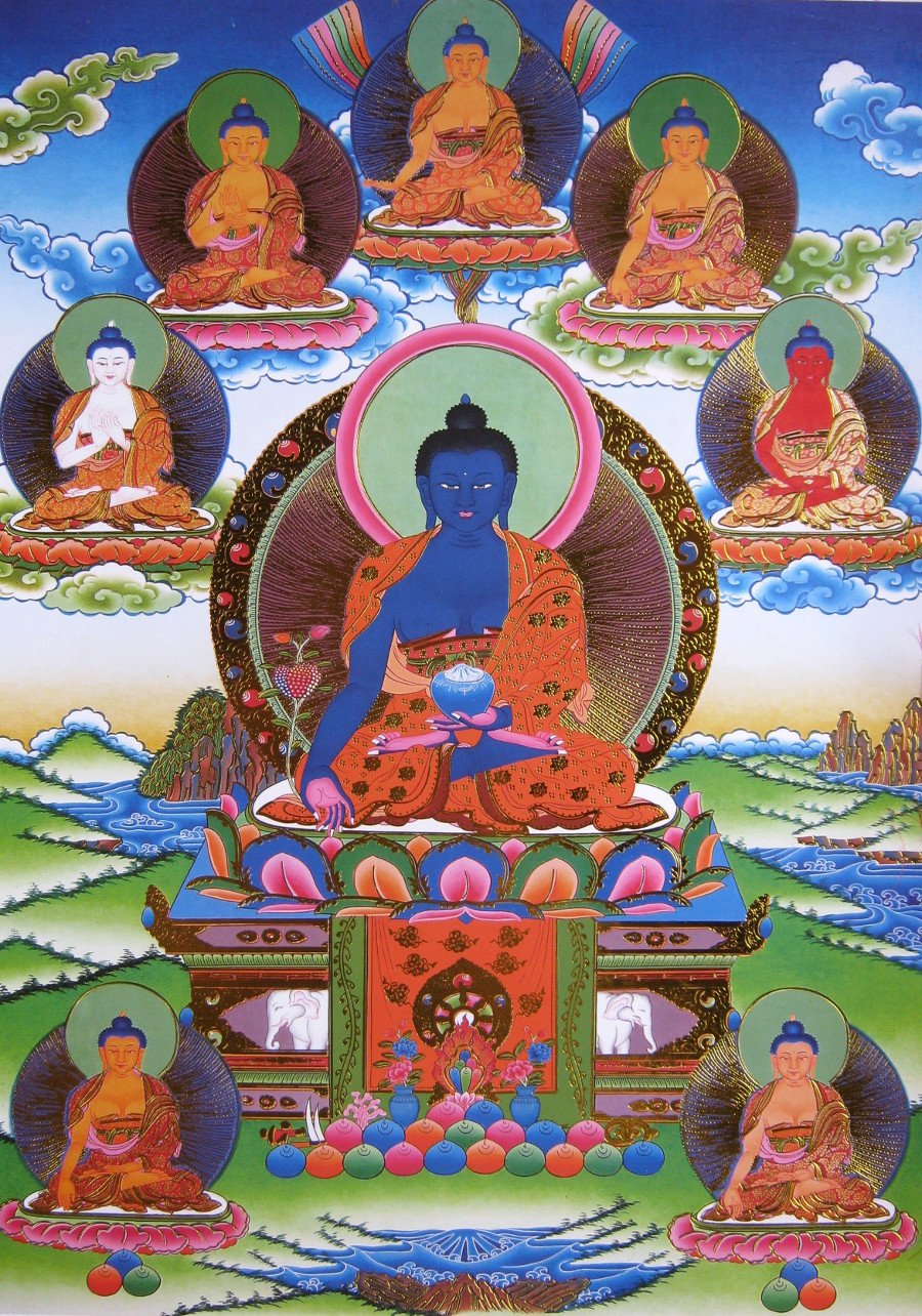 Тханка Восемь Будд Медицины (печатная), 56 х 86 см, изображение: 32 х 45 см