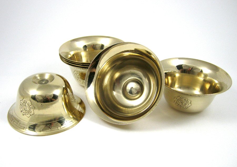 Чаши для подношений (набор из 7 шт.), 9,5 см, желтый металл, чеканка, Непал