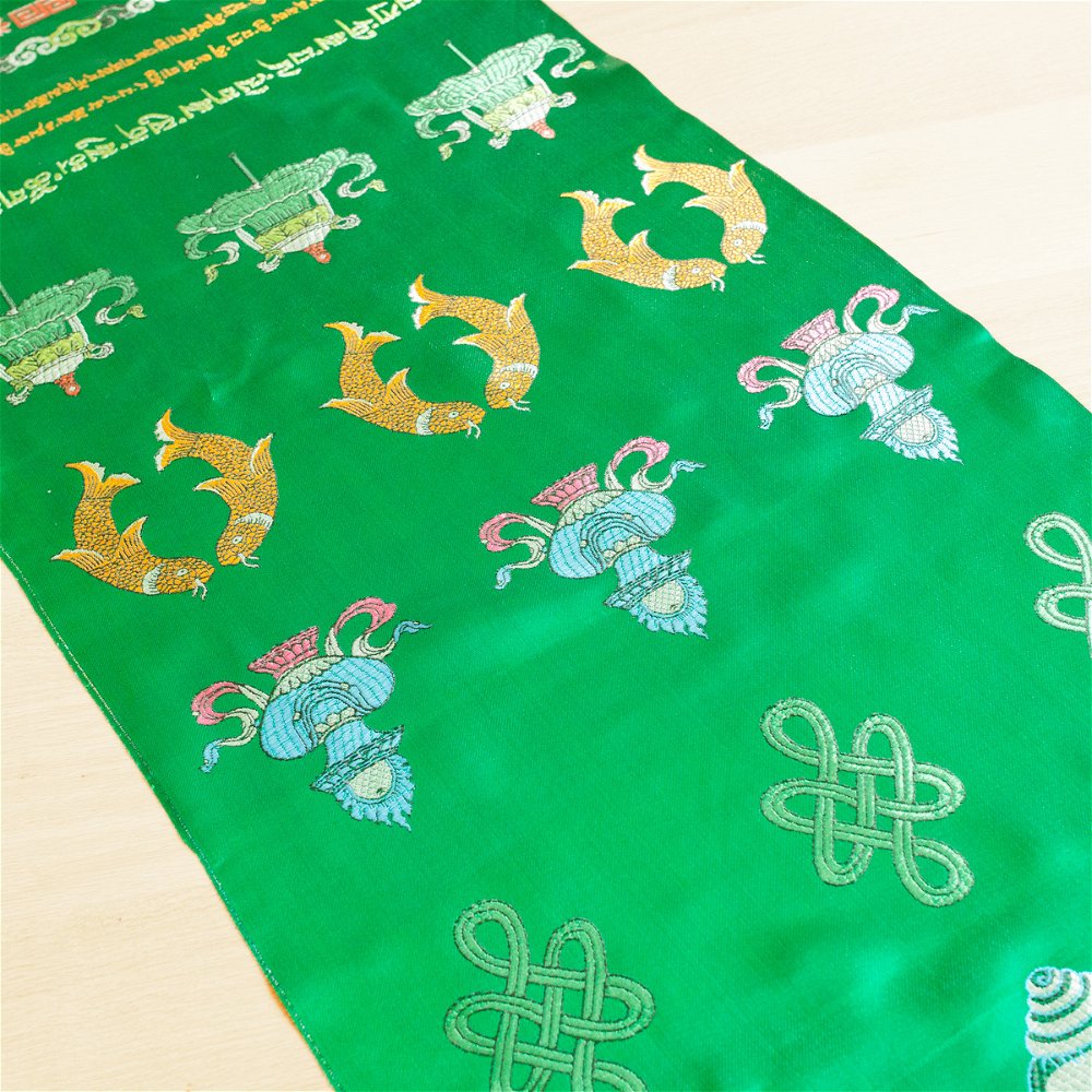 Хадак зеленый с Восемью Драгоценными Символами (48 x 235 см)