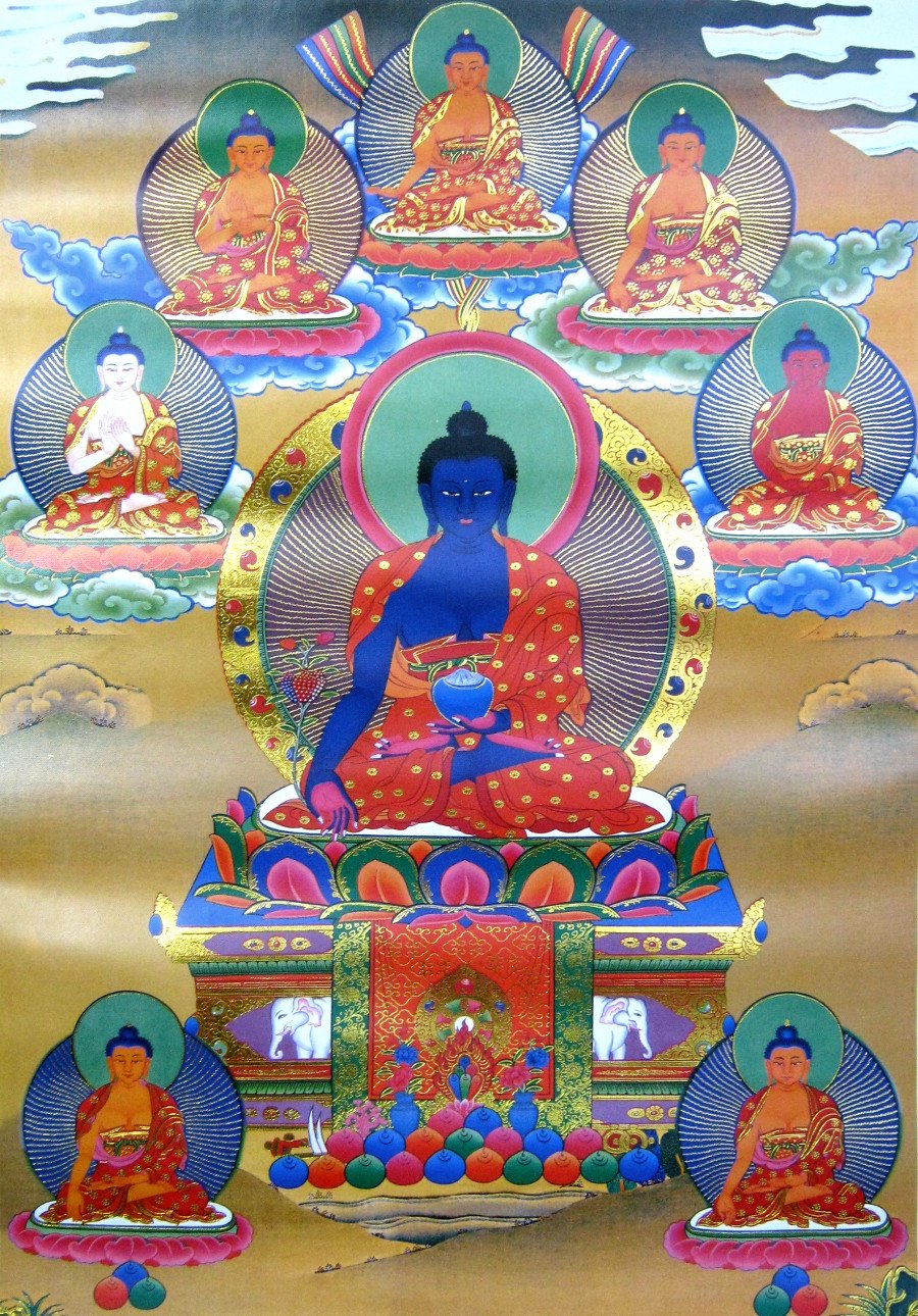 Тханка Восемь Будд Медицины (печатная), ~ 53 х 81 см, изображение: ~ 30 х 44 см