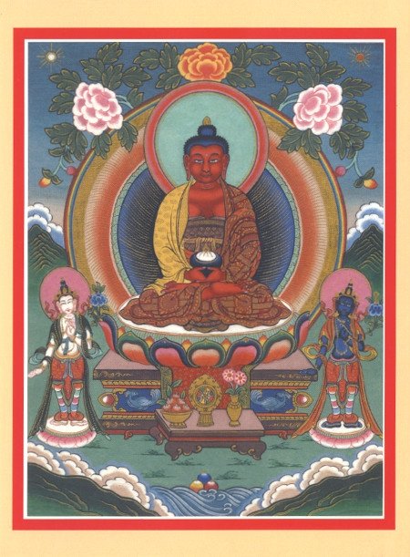 Открытка Амитабха в сопровождении Бодхисаттвы Махастхамапрапты и Ваджрапани (12 х 16 см)