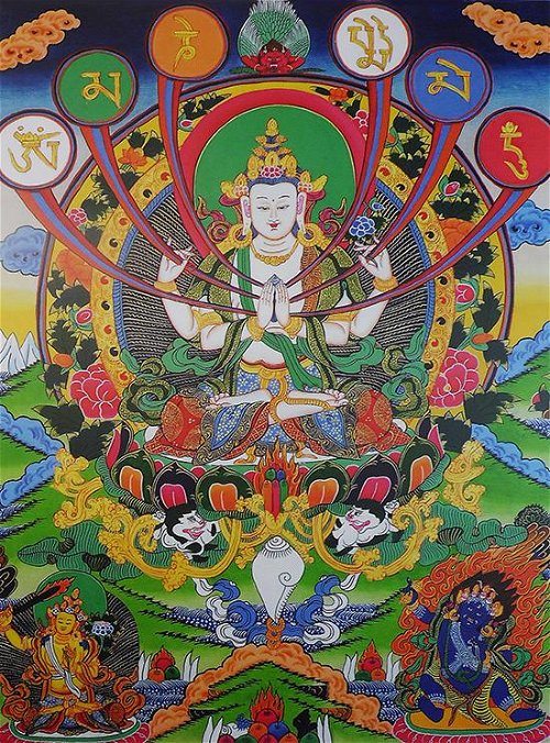 Постер Авалокитешвара Четырехрукий и мантра ОМ МА НИ ПАД МЕ ХУМ (29 x 36 см)