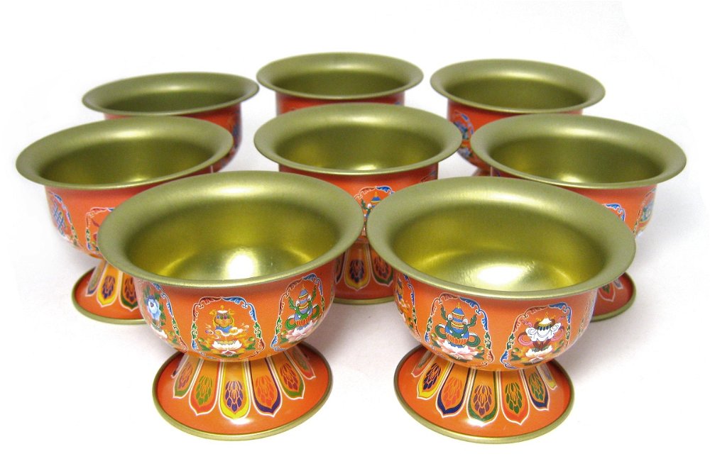 Чаши для подношений с Драгоценными Символами (набор из 8 шт.), 8,3 см, оранжевые, металл, Китай