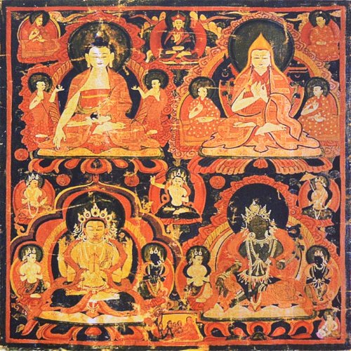 Постер Будда Шакьямуни, Лама Цонкапа, Авалокитешвара, Зеленая Тара (30 х 30 см)
