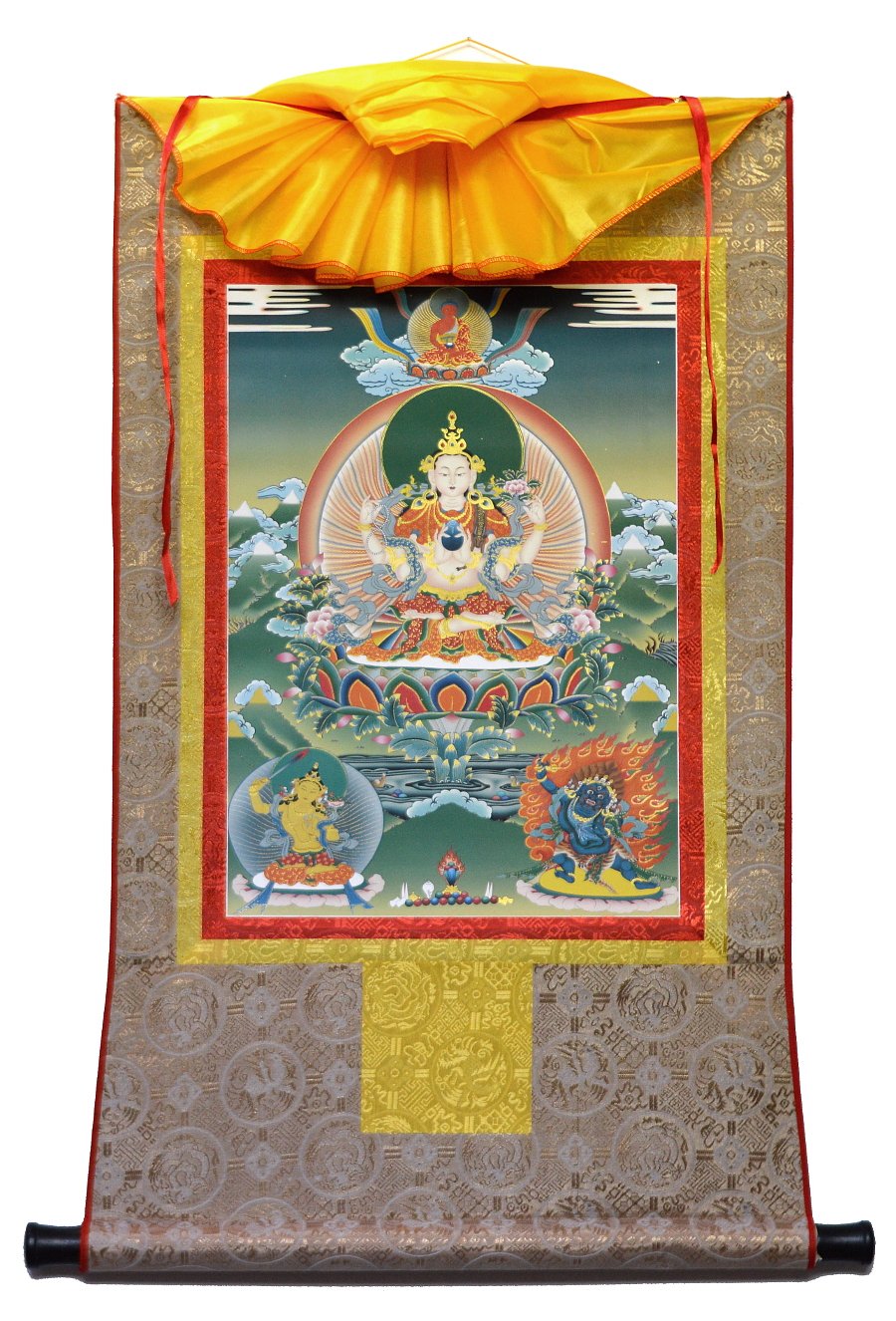 Тханка Ригсум гон-по (Авалокитешвара в позе лотоса, Манджушри и Ваджрапани) (печатная, 51 х 83 см), 51 х 83 см, изображение: 32 х 44,5 см