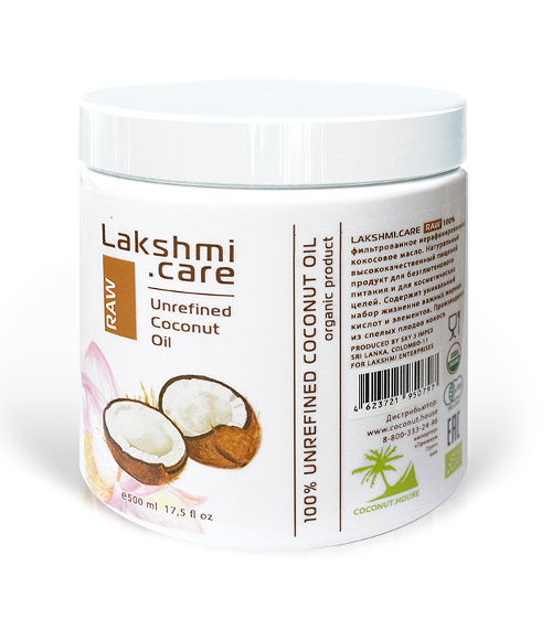 Кокосовое масло нерафинированное Raw Lakshmi Care, Unrefined Coconut Oil (500 мл)