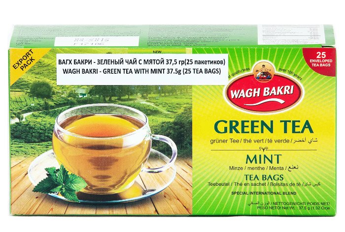 Чай зеленый с мятой Вагх Бакри (Wagh Bakri — Green Tea With Mint) 37,5 г (25 пакетиков). 