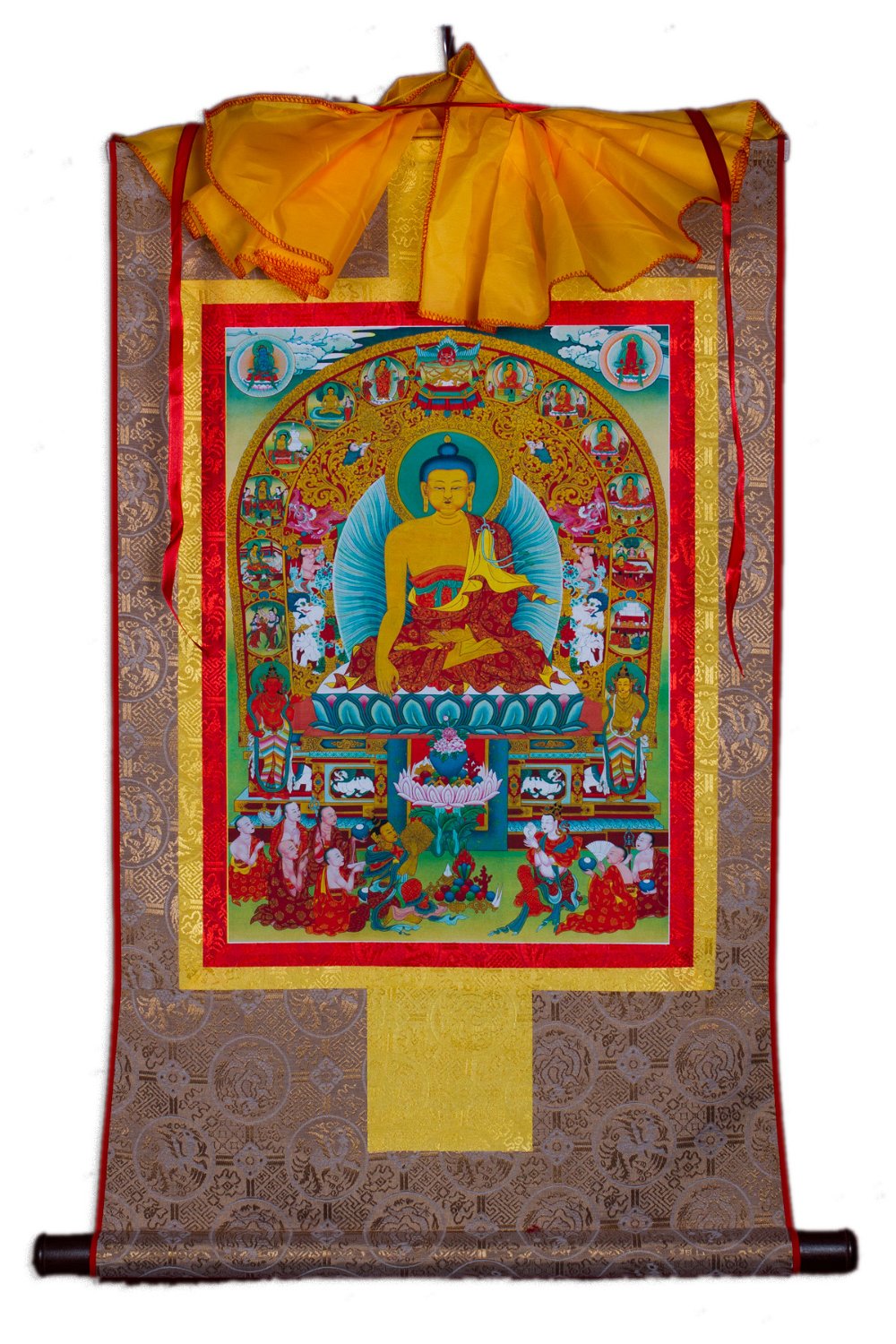 Тханка Будда Шакьямуни в окружении знаменательных событий из жизни (печатная, ~51 х 83 см), ~ 51 х 83 см, изображение: ~ 32 х 45 см