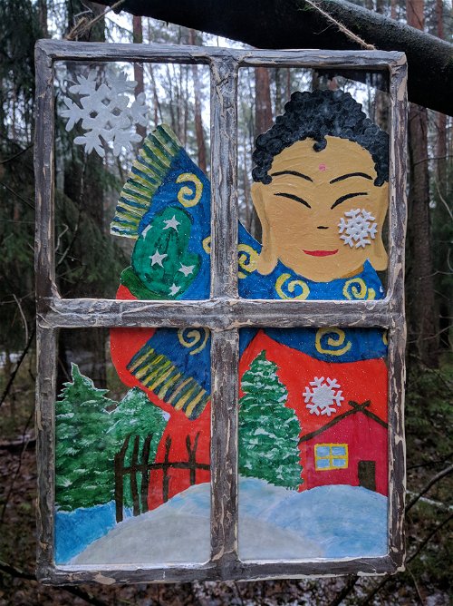 Настенное украшение "Будда в окне зимой" (49,5 х 34,5 см)