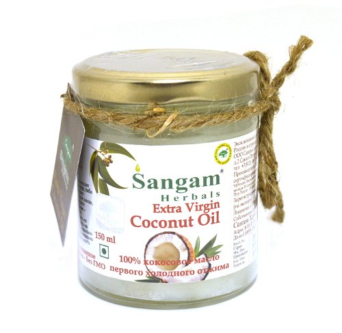Масло кокосовое Sangam Herbals Extra Virgin, первого холодного отжима, нерафинированное, в стеклянной банке, 150 мл