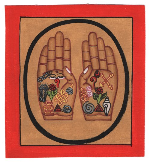 Изображение Руки Будды (красная рамка, бежевый фон, 13 х 12,5 см)