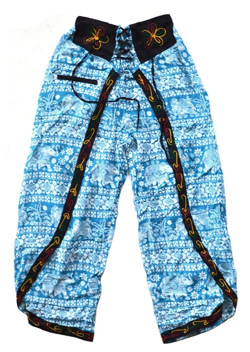 Штаны али-баба со слонами и разрезами, голубые (с вышивкой)