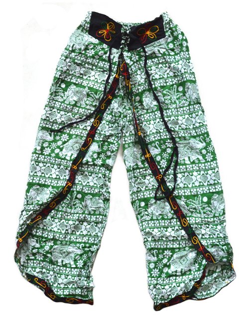 Штаны али-баба со слонами и разрезами, зеленые (с вышивкой)