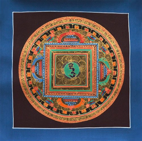 Картина Мандала с ХУМ (синяя рамка, коричневый фон, 25 х 25 см)