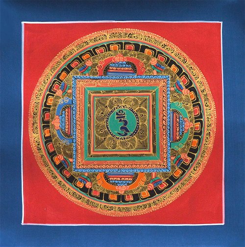 Картина Мандала с ХУМ (синяя рамка, красный фон, 25 х 25 см)