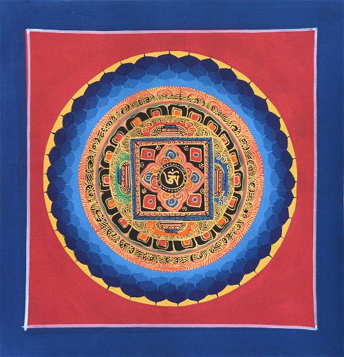 Картина Мандала с тибетским ОМ (синяя рамка, красный фон, 24,8 х 25,5 см)
